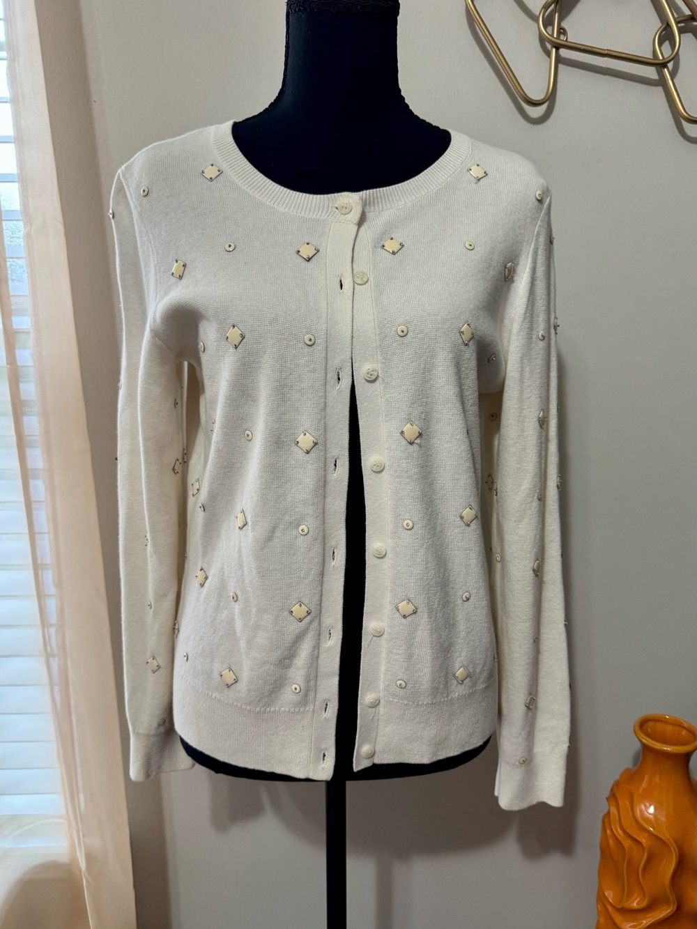 Ann Taylor Cream Embellished Button Cardigan
